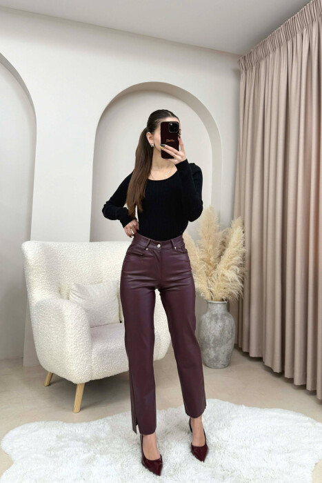 SIMPLE LEATHER WOMEN TROUSERS DARK BURGUNDY/VISHNJE E ERRET - 3