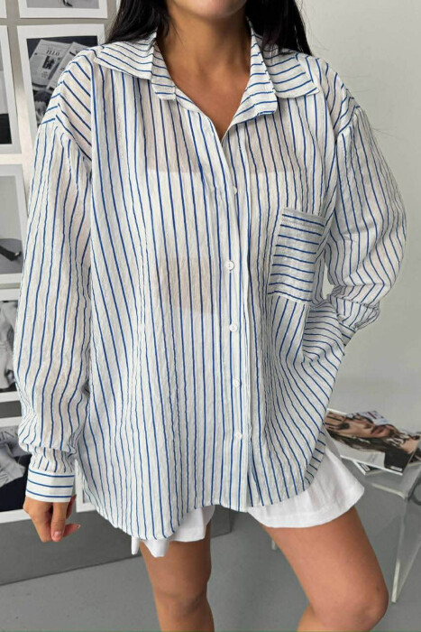 SIMPLE LINES PATTERN FRONT POCKET WOMEN SHIRT BLUE/BLU - 1