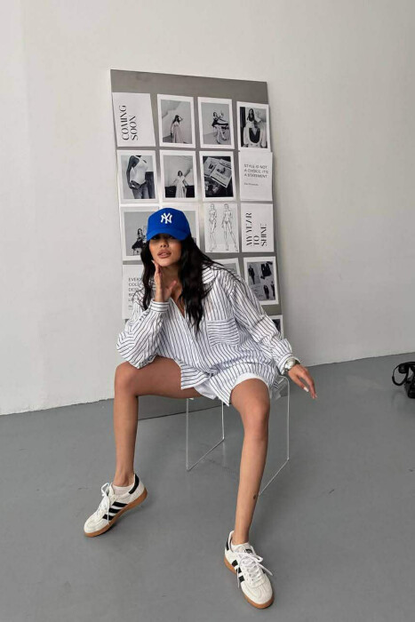 SIMPLE LINES PATTERN FRONT POCKET WOMEN SHIRT BLUE/BLU - 3