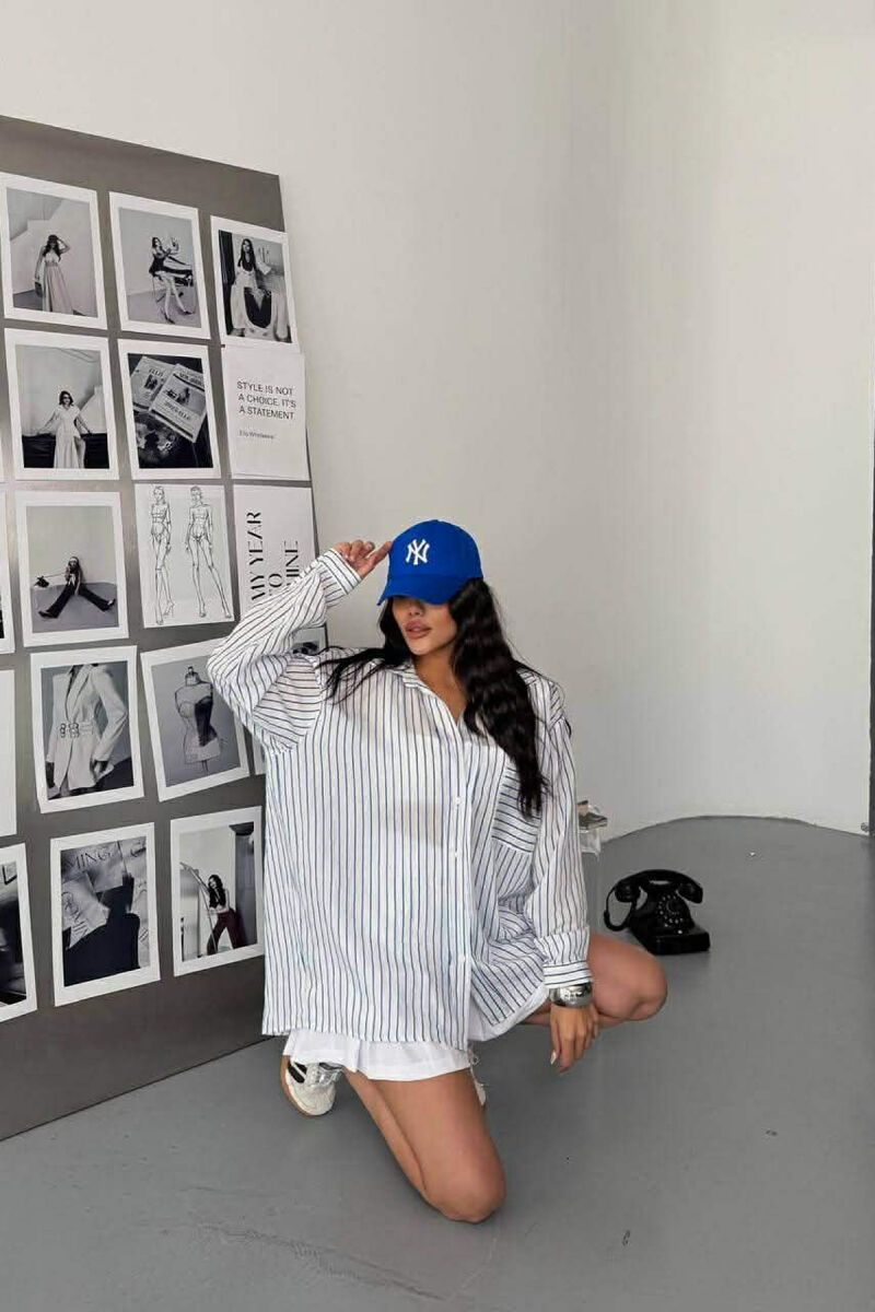 SIMPLE LINES PATTERN FRONT POCKET WOMEN SHIRT BLUE/BLU - 6