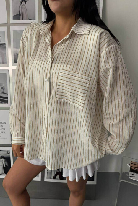 SIMPLE LINES PATTERN FRONT POCKET WOMEN SHIRT CREAM/KREM - 