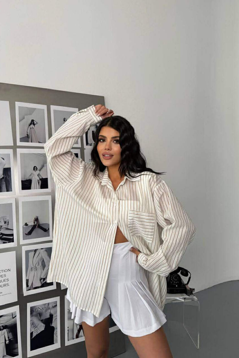 SIMPLE LINES PATTERN FRONT POCKET WOMEN SHIRT CREAM/KREM - 2