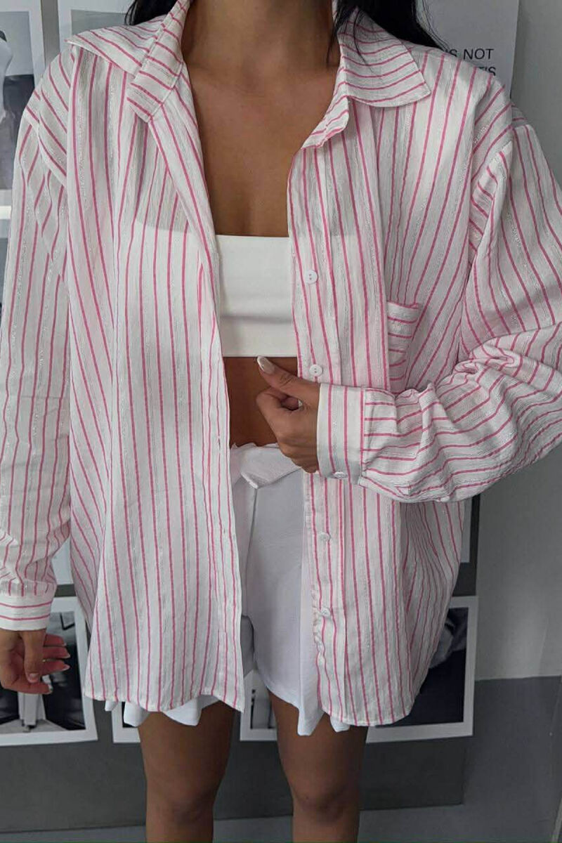 SIMPLE LINES PATTERN FRONT POCKET WOMEN SHIRT PINK/ROZE - 1