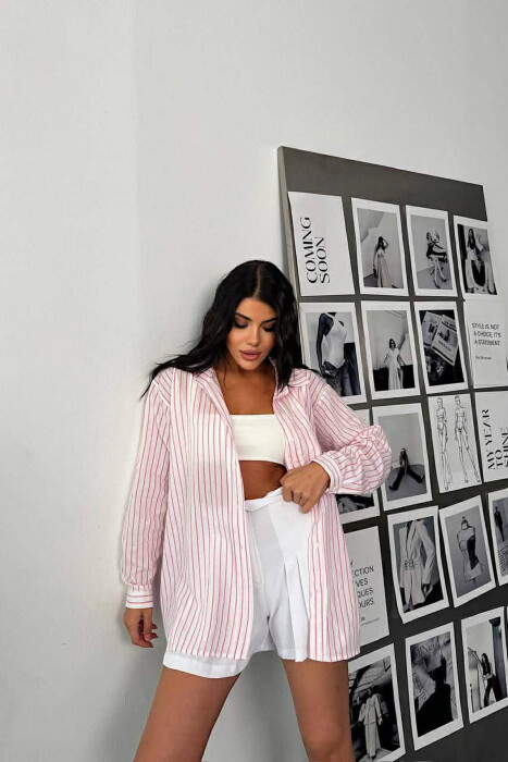 SIMPLE LINES PATTERN FRONT POCKET WOMEN SHIRT PINK/ROZE - 2