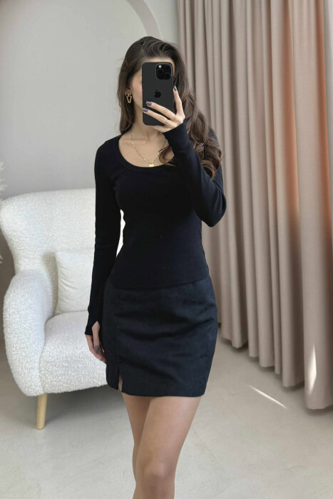 SIMPLE ONE COLOR OPEN NECK WOMEN SWEATSHIRT BLACK/ E ZEZE - 1