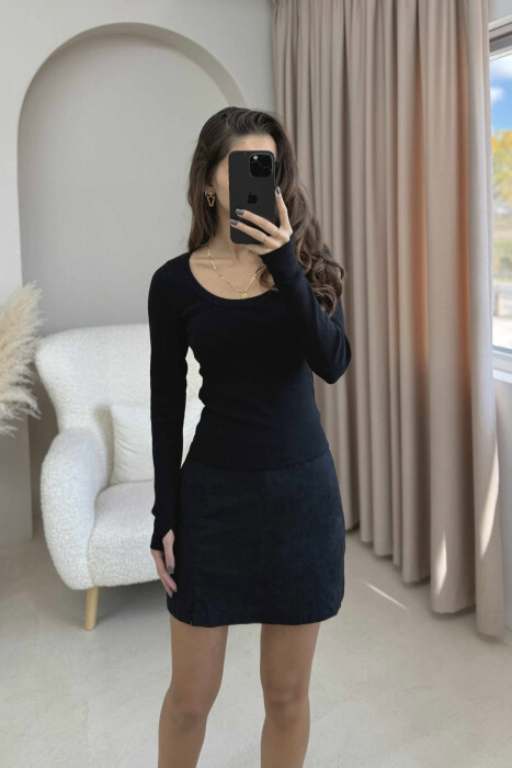 SIMPLE ONE COLOR OPEN NECK WOMEN SWEATSHIRT BLACK/ E ZEZE - 2