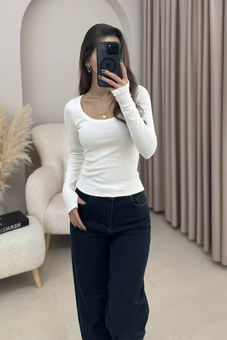SIMPLE ONE COLOR OPEN NECK WOMEN SWEATSHIRT WHITE-E BARDHE - 1