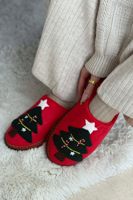ONE COLOR CHRISTMAS TREE WOMAN SLIPPERS RED/E KUQE - KLAUDIO FASHION