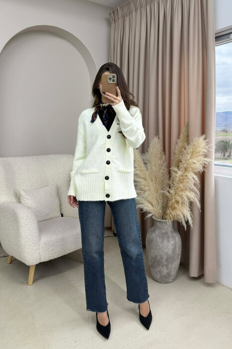 SIMPLE ONE COLOR WOMEN CARDIGAN CREAM/KREM - 1