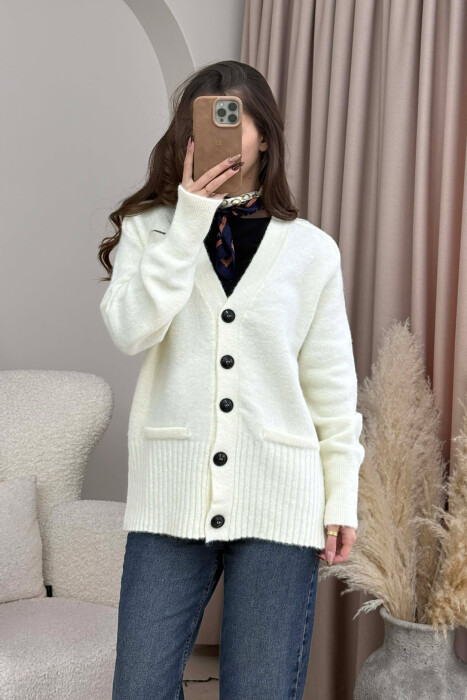 SIMPLE ONE COLOR WOMEN CARDIGAN CREAM/KREM - 2