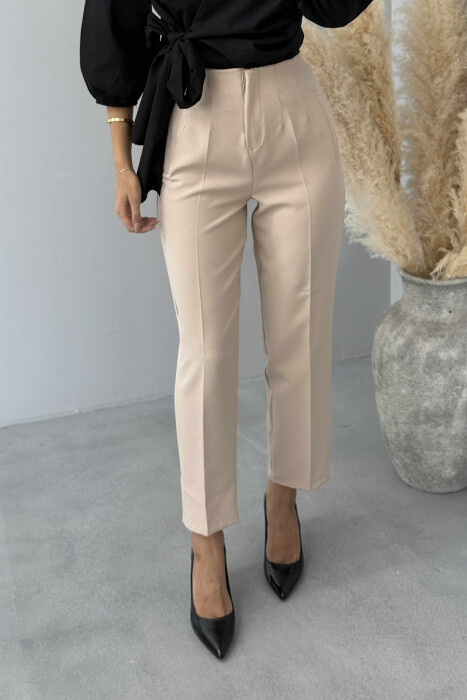 SIMPLE ONE COLOR WOMEN TROUSERS CREAM/KREM - KLAUDIO FASHION