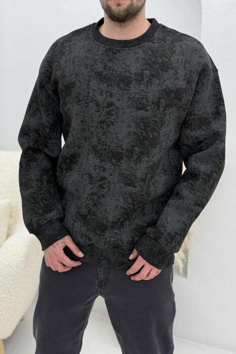 SIMPLE ROUND NECK FLUFFY MEN SWEATSHIRT BLACK/ E ZEZE 