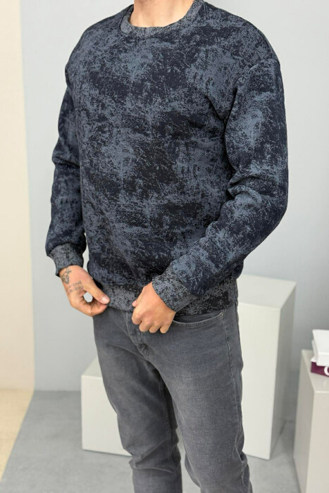 SIMPLE ROUND NECK FLUFFY MEN SWEATSHIRT DARK BLUE/BEE 