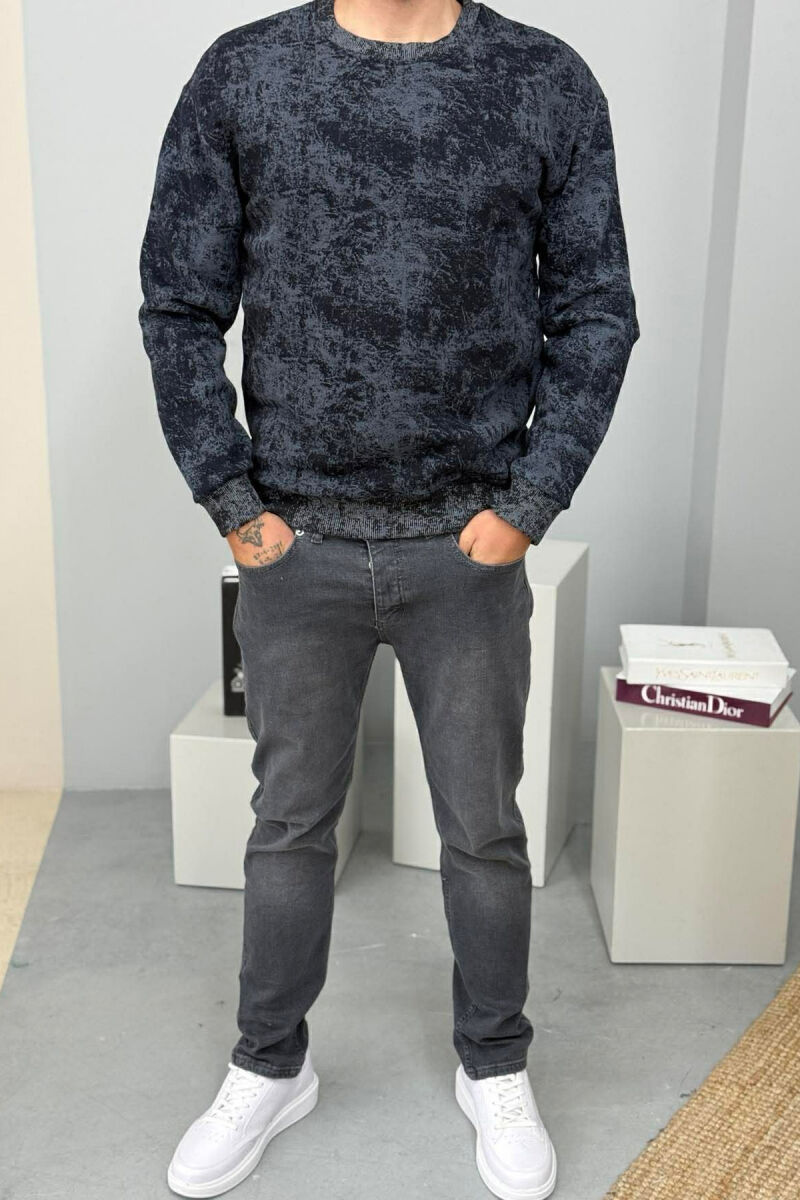 SIMPLE ROUND NECK FLUFFY MEN SWEATSHIRT DARK BLUE/BEE - 2