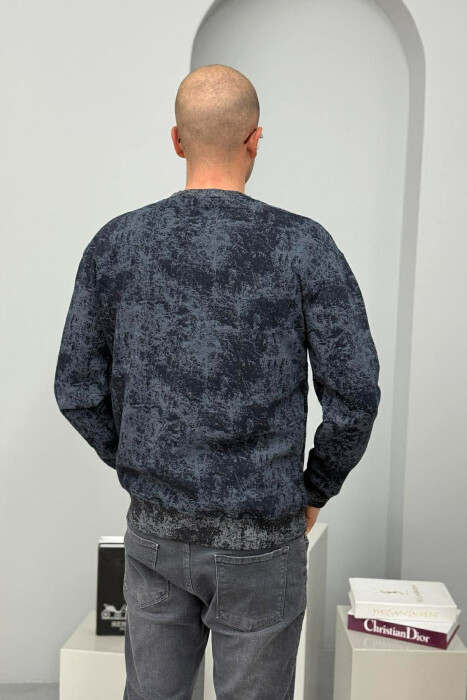 SIMPLE ROUND NECK FLUFFY MEN SWEATSHIRT DARK BLUE/BEE - 4