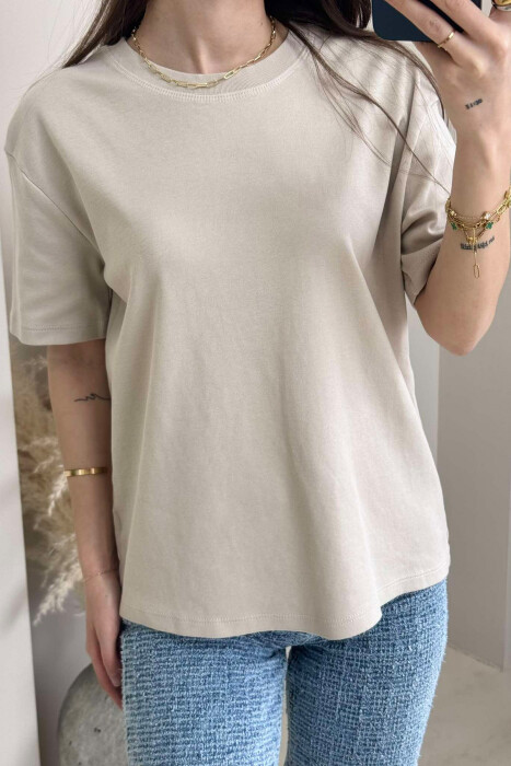 ONE COLOR SIMPLE ROUND NECK WOMEN T-SHIRT BEIGE/BEZHE - 1