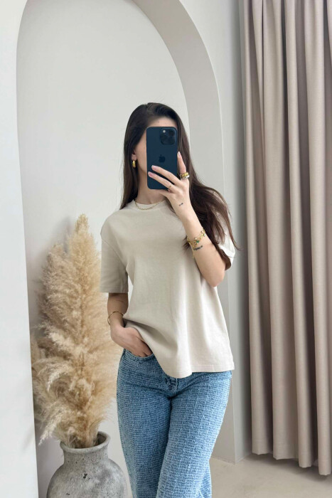 ONE COLOR SIMPLE ROUND NECK WOMEN T-SHIRT BEIGE/BEZHE - 3