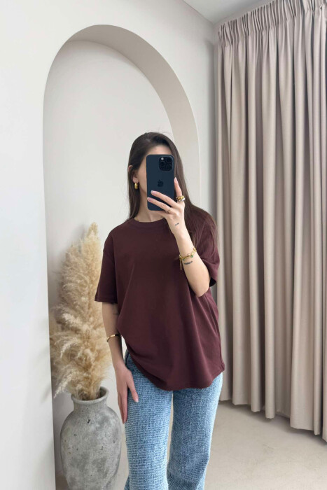 ONE COLOR SIMPLE ROUND NECK WOMEN T-SHIRT BROWN/KAFE - 4