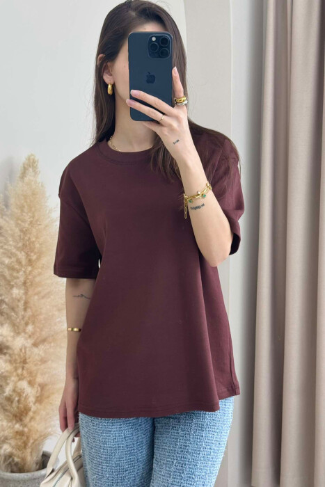 ONE COLOR SIMPLE ROUND NECK WOMEN T-SHIRT BROWN/KAFE - 5