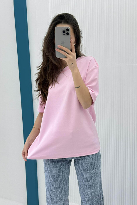 ONE COLOR SIMPLE ROUND NECK WOMEN T-SHIRT PINK/ROZE - 3