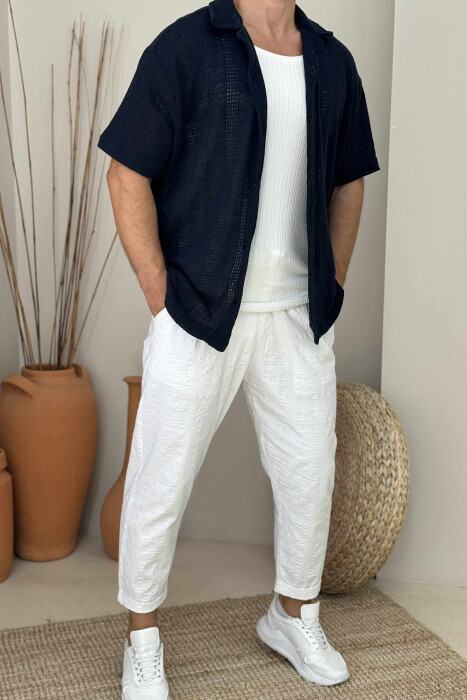 KËMISHË E THJESHTË ME MËNGË TË SHKURTRA PËR MESHKUJ NË NGJYRËN BLU E ERRËT - 