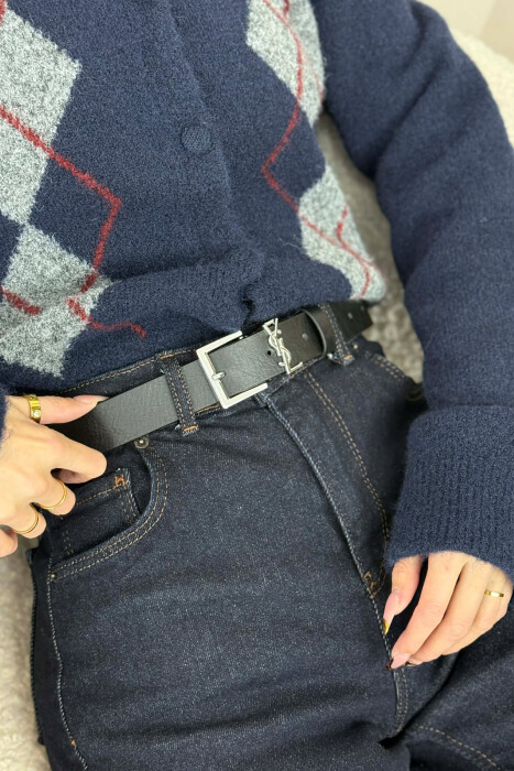 SIMPLE SQUARE BUCKLE WOMEN BELT BLACK+SILVER/ZEZE+ARGJEND - KLAUDIO FASHION