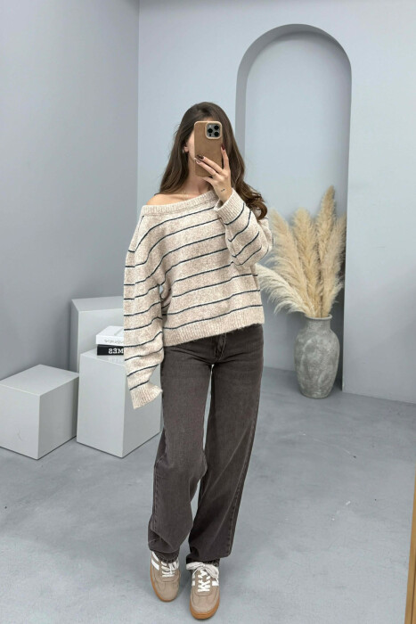 SIMPLE STRIPED WOMEN SWEATER BEIGE/BEZHE - KLAUDIO FASHION