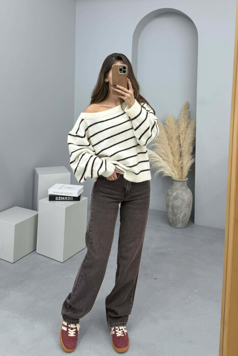 SIMPLE STRIPED WOMEN SWEATER CREAM/KREM - 1