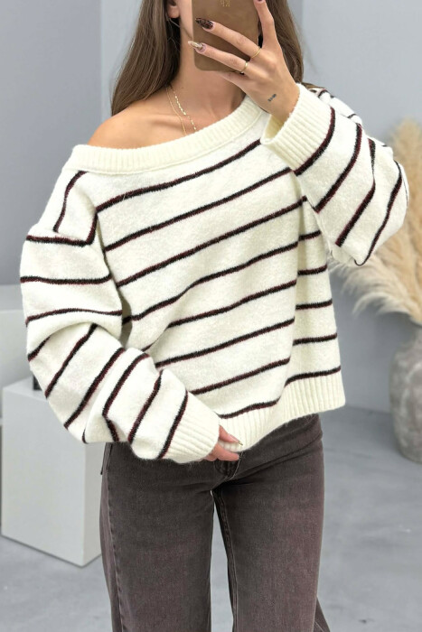 SIMPLE STRIPED WOMEN SWEATER CREAM/KREM - 5