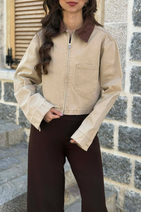 SINGLE POCKET DENIM ZIPPER WOMEN JACKET BEIGE/BEZHE - 4