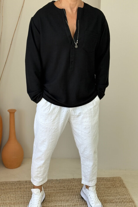 SINGLE POCKET DETAIL ONE COLOR MEN SHIRT BLACK/ E ZEZE - 