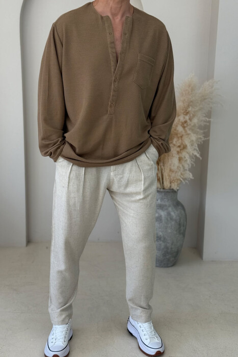 SINGLE POCKET DETAIL ONE COLOR MEN SHIRT BROWN/KAFE 