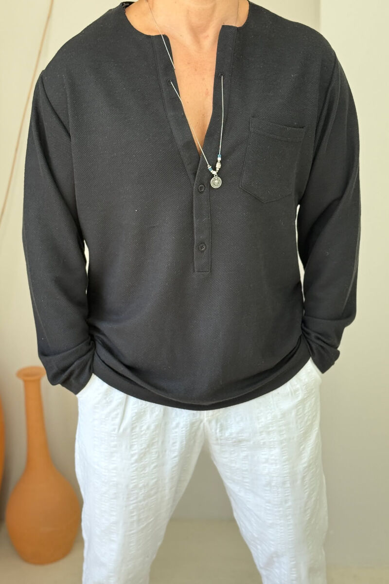 SINGLE POCKET DETAIL ONE COLOR MEN SHIRT BLACK/ E ZEZE - 2