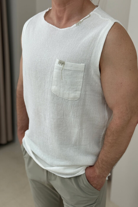 SINGLE POCKET ONE COLOR MEN TANK TOP WHITE-E BARDHE - 3