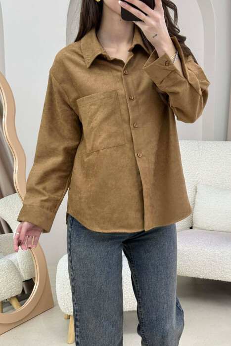 SINGLE POCKET ONE COLOR WOMEN SHIRT BROWN/KAFE - 3