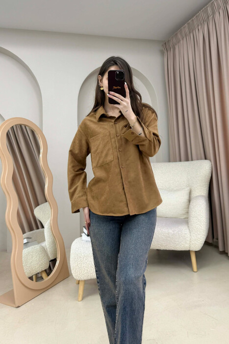 SINGLE POCKET ONE COLOR WOMEN SHIRT BROWN/KAFE - 4