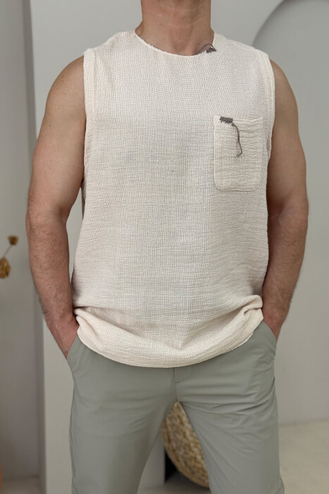 SINGLE POCKET SIMPLE MEN TANK TOP CREAM/KREM - 3