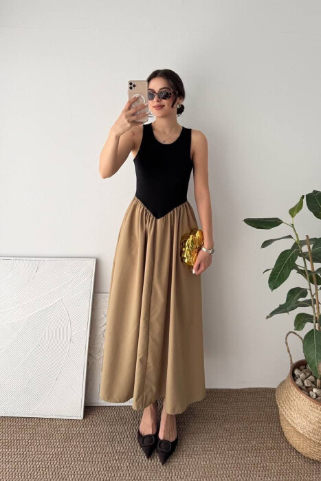 SLEEVELESS ROUND NECK WOMAN DRESS BEIGE/BEZHE - KLAUDIO FASHION