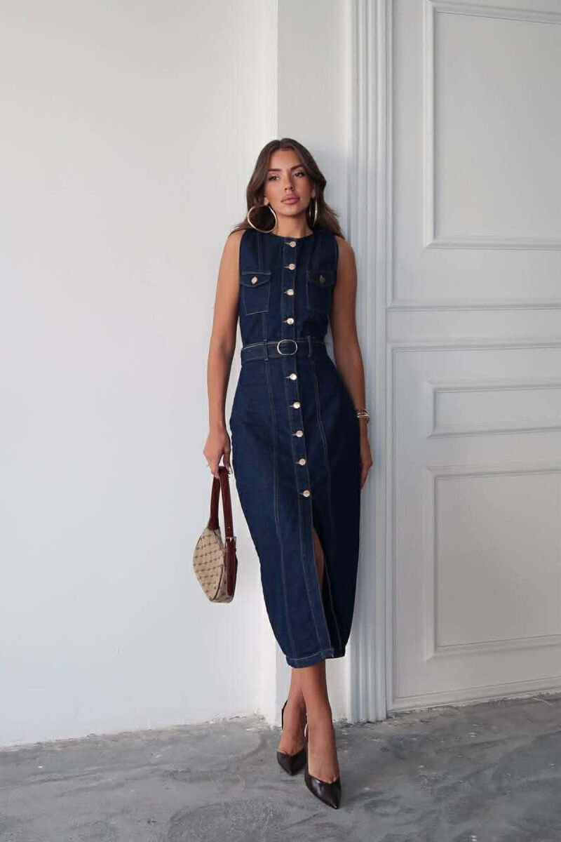 SLEEVLESS LONG DENIM WOMEN DRESS BLUE/BLU - 1