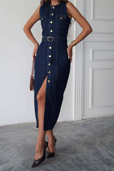 SLEEVLESS LONG DENIM WOMEN DRESS BLUE/BLU - 2