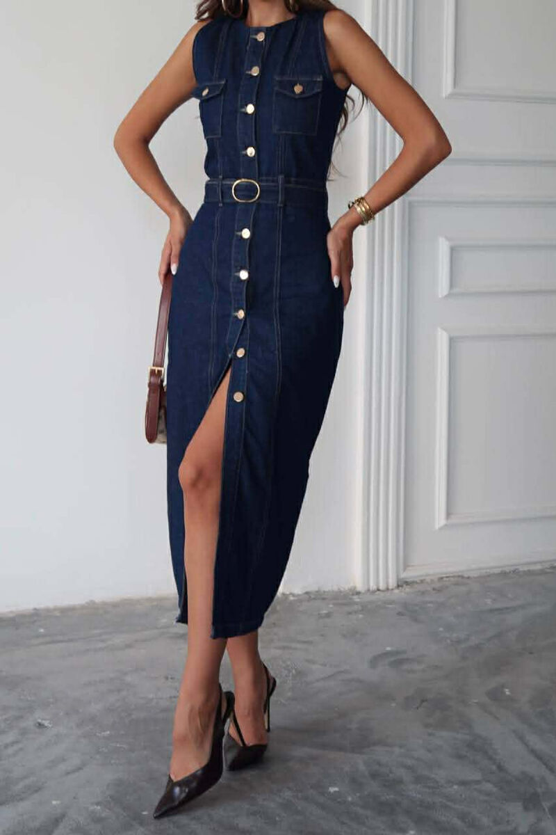 SLEEVLESS LONG DENIM WOMEN DRESS BLUE/BLU - 2