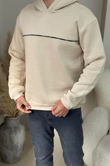 SMALL DETAIL ONE COLOR FLUFFY MEN HOODIE BEIGE/BEZHE - KLAUDIO FASHION
