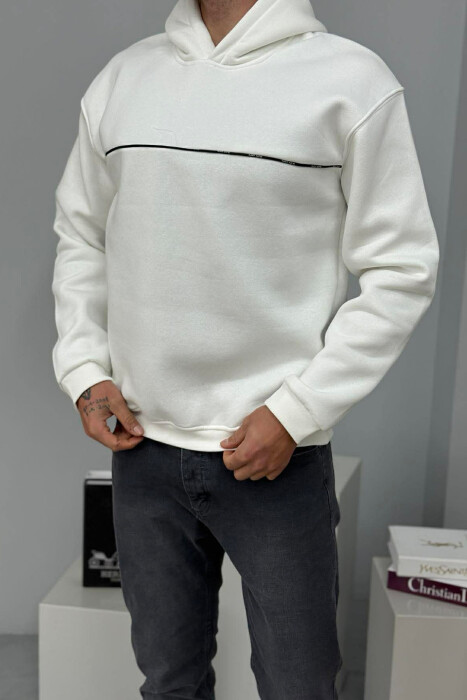 SMALL DETAIL ONE COLOR FLUFFY MEN HOODIE WHITE-E BARDHE - KLAUDIO FASHION