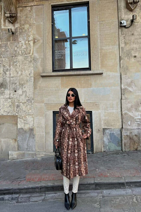 SNAKE DESIGN BELT DETAIL WOMEN TRENCH COAT BROWN/KAFE 