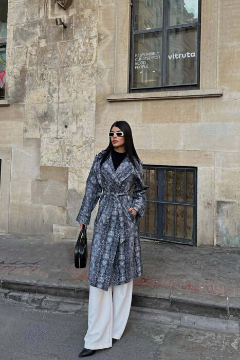 SNAKE DESIGN BELT DETAIL WOMEN TRENCH COAT GREY/GRI - 7