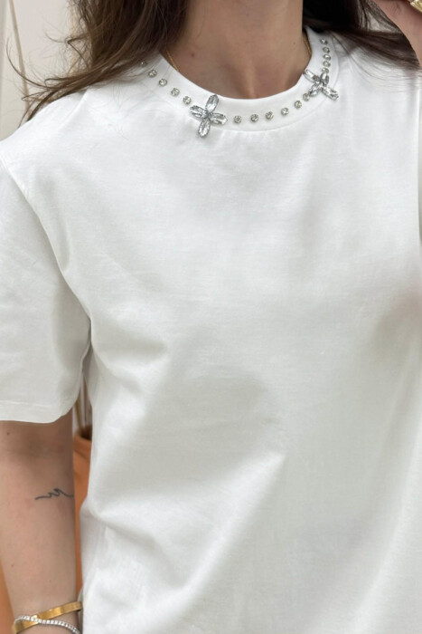 SPARKLING STONES NECK WOMAN T-SHIRT WHITE-E BARDHE - 2