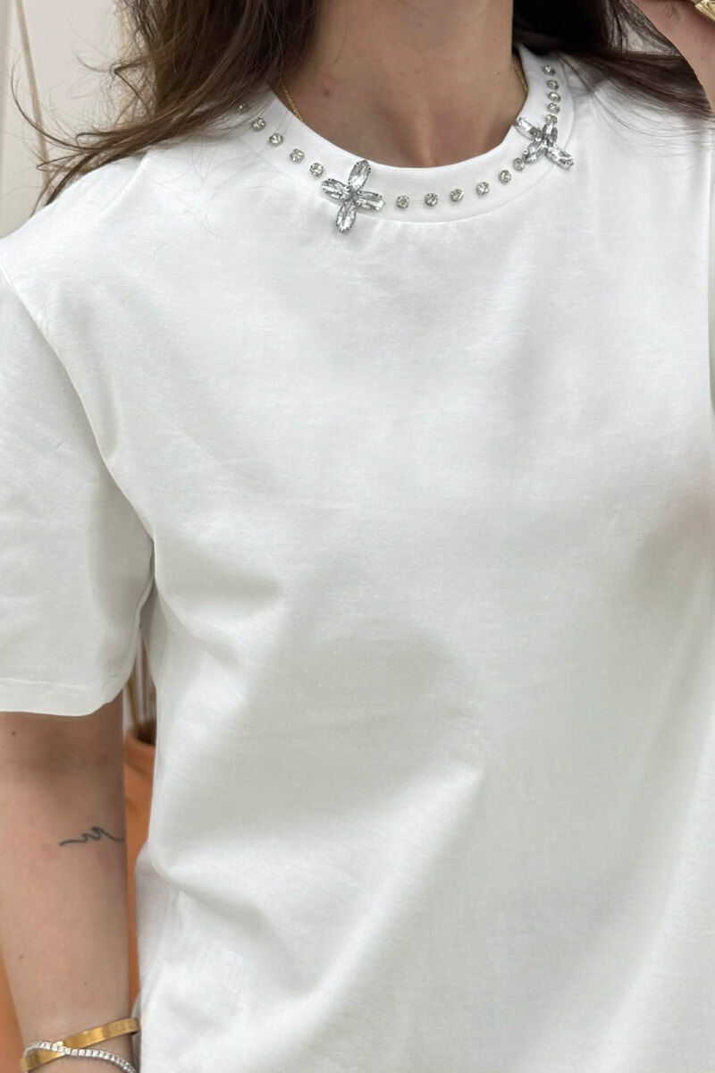 SPARKLING STONES NECK WOMAN T-SHIRT WHITE-E BARDHE - 2