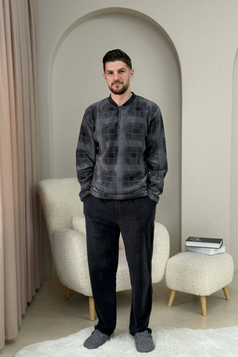 SQUARE DESIGN SWEATSHIRT+SWEATPANTS MEN PYJAMAS DARK GREY/GEE - KLAUDIO FASHION