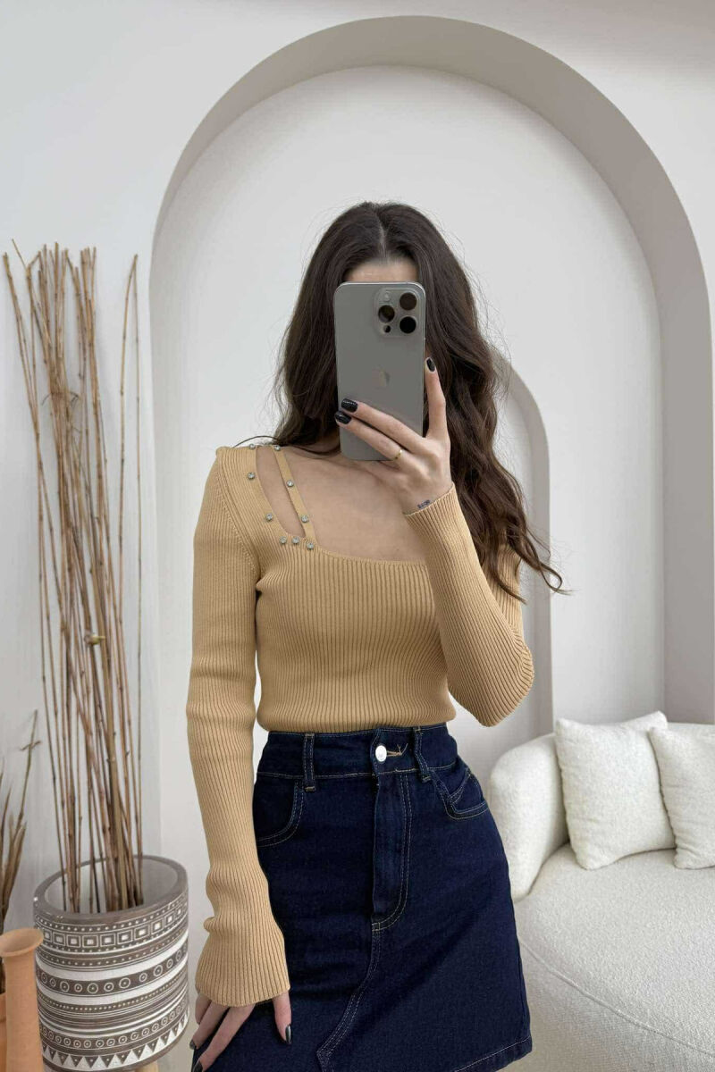 SQUARE NECK ONE COLOR DIAMOND DETAILS WOMEN SWEATER BEIGE/BEZHE - 1