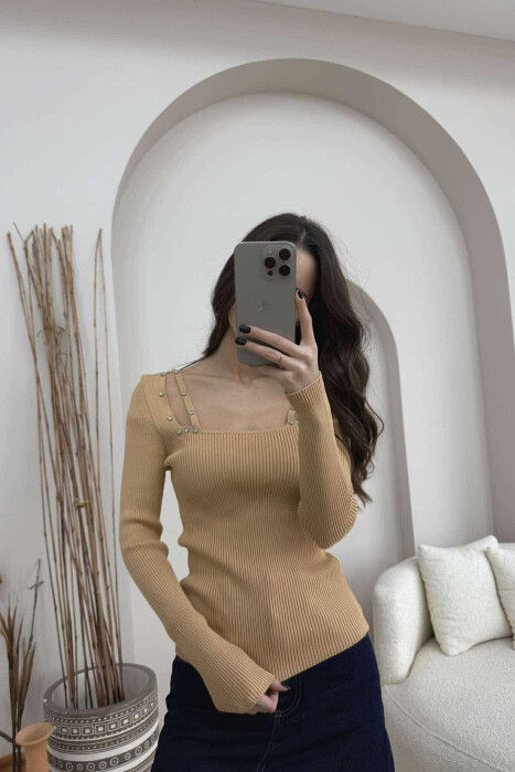 SQUARE NECK ONE COLOR DIAMOND DETAILS WOMEN SWEATER BEIGE/BEZHE - 2